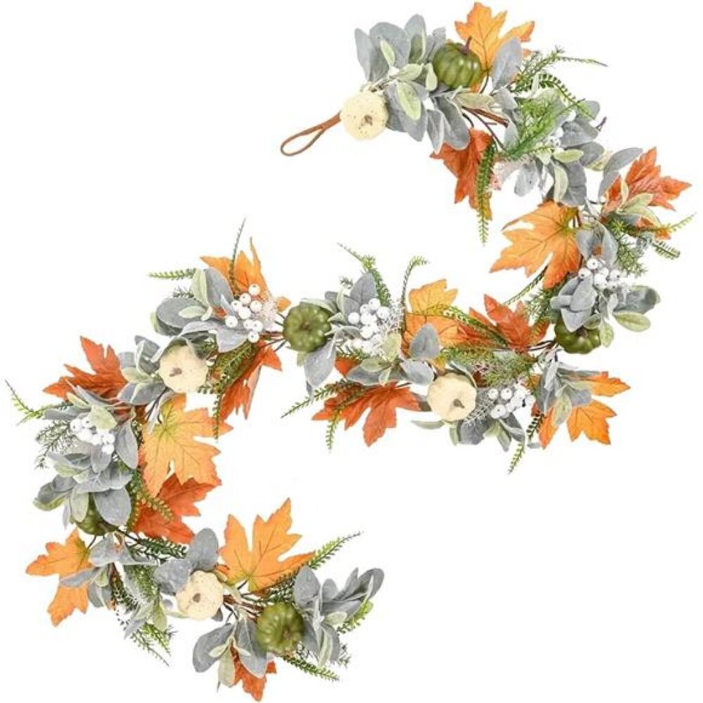 5.9FT Fall Decor Fall Garland with Pumpkin, Plush Rattan and Fern